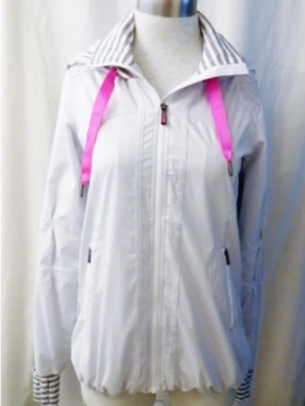 Lululemon Light Gray & White pinstripe hooded Jacket with Pink Drawstrings